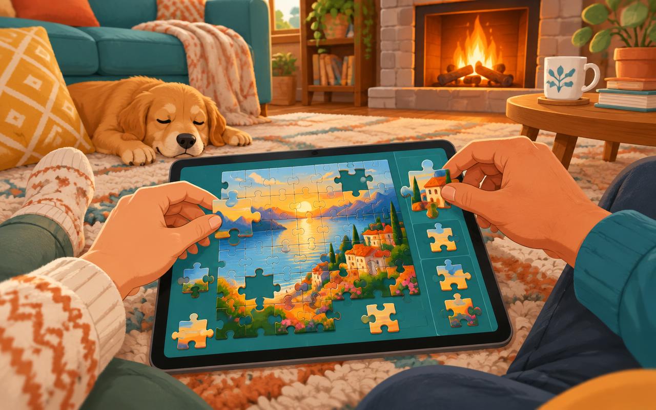 Two players solving a jigsaw puzzle together on a tablet by the fireplace