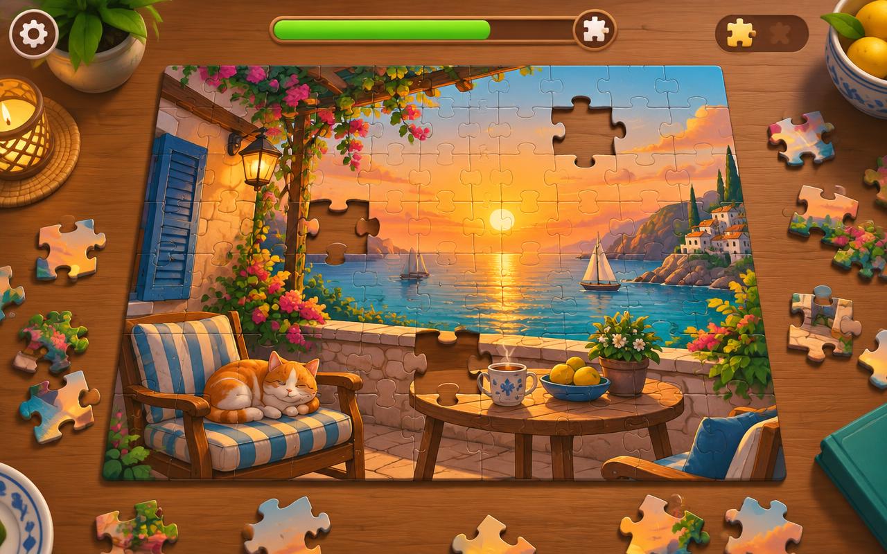 A coastal sunset jigsaw puzzle in progress on a wooden table