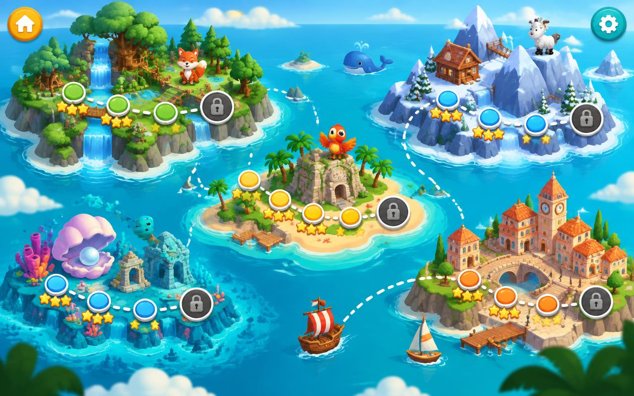 The JigsaWorld map with themed puzzle islands to explore